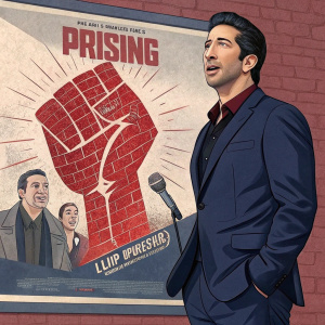 David Schwimmer at a press conference. Wearing a navy blue suit. The background features the movie poster for 'Uprising', with a red, brick-textured fist design.