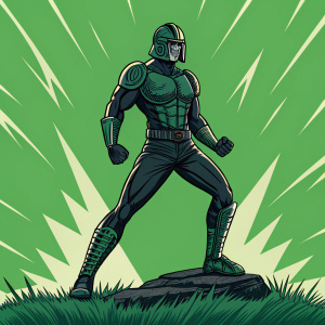 Muscular, helmeted figure from JoJo's Bizarre Adventure. Determined stance. Against a vibrant, green backdrop. Illustration style: bold, vivid colors and thick outlines.