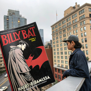 First issue of Billy Bat series, illustrated by Naoki Urasawa. Protagonist stands out in vivid detail amidst a backdrop of vivid colors and stark black and white.