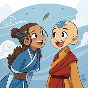 Fan art of Katara and Aang from Avatar: The Last Airbender. Lively and colorful illustration by artist Luka. Digital art depicting a joyful interaction. Katara in blue traditional attire, Aang in red and brown robes.