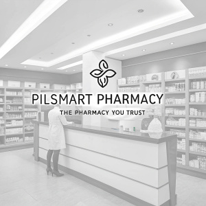 Elegant logo design for 'Pilsmart Pharmacy - THE PHARMACY YOU TRUST'. Clean, modern aesthetics. Black and white color scheme. Inspires confidence and trust.