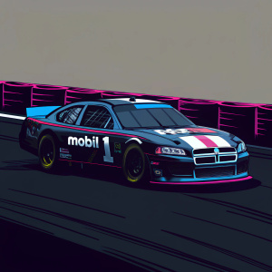 Dodge NASCAR race car with Mobil 1 and other sponsor logos. The car is in motion on a race track, showcasing its sleek design and aerodynamics.