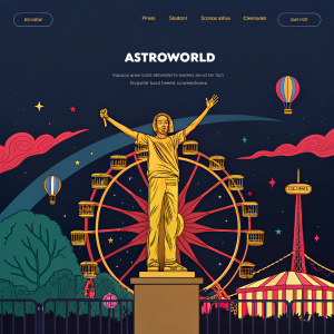 Travis Scott's 'Astroworld' album artwork. Vibrant carnival-themed digital illustration. Golden statue against dark background, bold colors, dynamic composition. Modern web design layout, centered image, clear headings, contemporary style.
