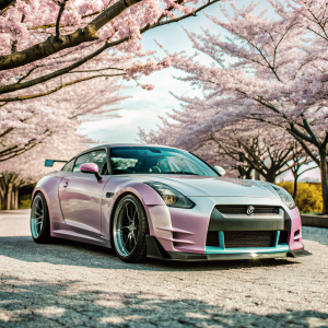 luxury pink nissan gtr r35 Liberty walk tuning staying on land nearby light pink sakura and falling leaves with puple sky, 4k macro photo