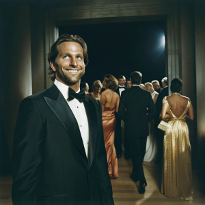 Bradley Cooper, wearing a tuxedo, smiles warmly at the Oscars. Surrounded by a sea of celebrities in elegant attire.