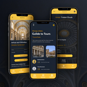 Mobile app for Vatican Museums with modern UI. Dark background with yellow accents. Screens include ticket purchase, guided tours, and exhibit details. Optimized for mobile, ensuring smooth navigation and clear info.