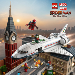 A promotional image for LEGO Marvel Spider-Man Far From Home. Stark Jet spaceship kit prominently displayed. Dynamic pose. Various LEGO pieces and Marvel characters illustrated. LEGO logo and Marvel branding clearly visible.