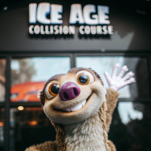A close-up of Sid from Ice Age, a cute, animated lemur with a purple nose, waving and smiling against a vibrant backdrop with the movie title 'Ice Age: Collision Course'