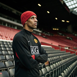 Rio Ferdinand, dressed in a black jersey with AIG logo, wearing a red beanie. Serious look. Standing alone in an empty stadium