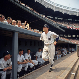 Joe DiMaggio, exiting dugout, dynamic pose. Surrounded by cheering crowd and seated teammates. Yankee Stadium, vibrant atmosphere.