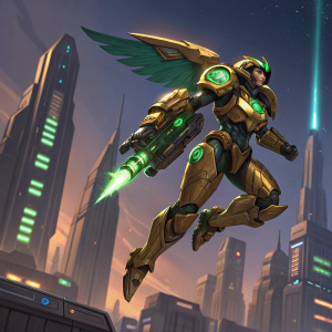 Illustration of Pharah, Overwatch character. Golden armor, green accents, dynamic pose. Futuristic cityscape with towering buildings and neon lights in background.