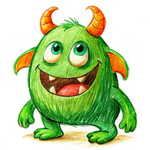 cute little green monster, very happy, having an idea, exclamation mark, brown horns on top, two ears brown inside, from right side