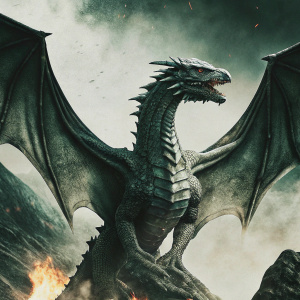High detail sculpture of Drogon from Game of Thrones. Standing in volcanic setting. Flames and dark smoke visible