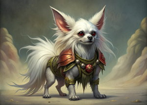long-haired white Chihuahua in the Warhammer 40000 game universe
