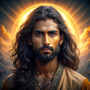 Joven moreno con barba y pelo largo estilo indu futurista con fondo de sol detras