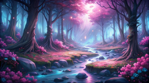 pink glow a forest with a stream running through it, flowers in two sides  a comic book panel by Dan Mumford, featured on deviantart, fantasy art, night forest background, moonlit forest environment, ( ( ( ( ( dan mumford ) ) ) ) )