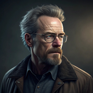 Digital illustration of Karl Heisenberg. Rugged look with gray hair and goatee. Dimly lit studio background