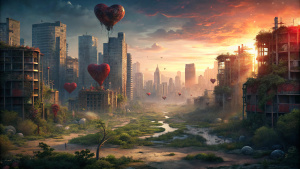 A hauntingly beautiful scene of a desolate cityscape, where the only movement comes from the relentless beating of hearts. The city is silent, abandoned, and overgrown with nature, but the pulsating hearts of the once-living residents continue to beat. The image is a metaphor for the endurance of life and love, even after humanity has vanished from the earth. The sky is a deep twilight blue, and the hearts are depicted as glowing orbs, casting a soft, ethereal light on the eerie landscape.