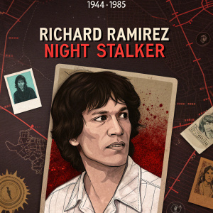 Digital artwork featuring a wanted poster for Richard Ramirez, aka the Night Stalker, from 1984-1985. Dark background with red, black, and brown hues. Map shows his crime locations with red lines. Other posters, photos, and drawings add to the eerie crime scene.