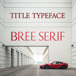Bree Serif font showcase. Bold 'BREE SERIF' in red at center. Title 'Title Typeface' above. Full alphabet in consistent sans-serif style. Each letter clearly defined. Modern, sleek design.