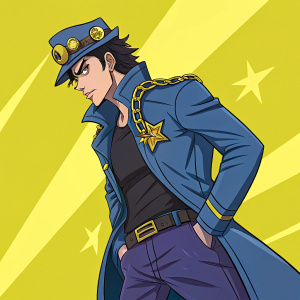 Jotaro Kujo from JoJo's Bizarre Adventure, vibrant illustration. He wears a police hat and blue jacket. Standing in front of neon yellow backdrop. Expressive and dynamic pose.