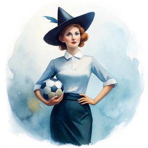 50s style housewife witch hat team sports shirt jersey skirt lovingly cradles soccer ball to her chest with both arms, whistle necklace paperback book cover painting 