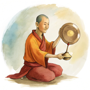 Monje del Tibet tocando un gong y unos cuencos