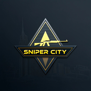 A sleek, triangular logo for Sniper City. Dark background. Triangular shape at top, bold 'SNIPER CITY' text in bright metallic yellow below, with futuristic, edgy gaming elements