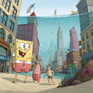 A hyper-realistic illustration showcasing Bikini Bottom. SpongeBob SquarePants, Patrick Star, and Mr. Krabs among other characters from the show in a bustling scene.