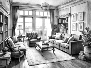 living room sketch in pencil, black and white sketch, precise lines