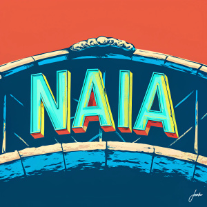 A bold and vibrant NAIA logo. The design features a stylized arch shape, with text in large block style. Blue and red colors are prominently used, with blue text standing out against the vibrant red background. The design is flat and graphic.