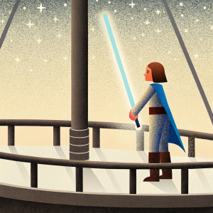A digital artist's rendition of a young female Jedi in pixel art style. Amidst the vast, star-studded expanse of the galaxy far, far away.