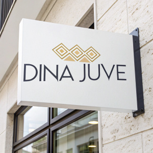Modern logo design for Dina Juve. Minimalist, white background. Gold and black color scheme, sleek and geometric text.