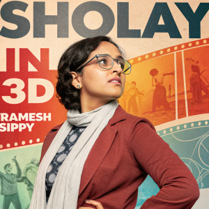 Imaginative poster for 'Sholay in 3D'. Woman in glasses, resolute expression, vibrant colors, director Ramesh Sippy