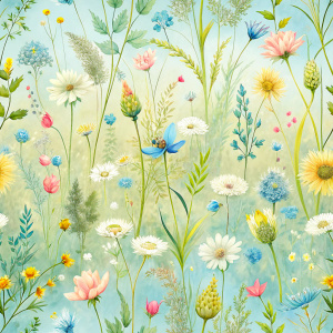 Seamless pattern, Pale blue and buttery yellow hues featuring an enchanting meadow scene with dainty wildflowers, grass, and scattered leaves.