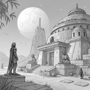 A grayscale concept art of Yavin 4 from Star Wars Battlefront II. Depicting the unique architecture and ancient statues in detailed sketch style.