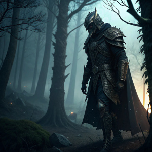 SkekMal the Hunter, a menacing figure in dark fantasy setting. Wearing intricate, armor-like garments. Surrounded by eerie forest