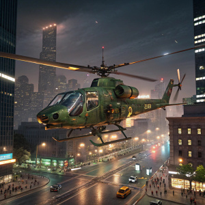 An AH-1S Cobra helicopter, with its green and brown camouflage, equipped with missile pods, amidst a bustling cityscape at night.