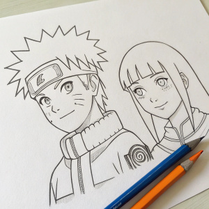 A simple, clear-line drawing of Naruto Uzumaki and Hinata Hyuga from Naruto series. Sketches done with a black pencil on white paper. Bottom right, a blue pencil with an orange cap.
