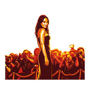 Vanessa Hudgens, fair-skinned with dark hair, wearing a sleek black dress at a movie premiere. The venue is bustling with fans and media, paparazzi flashbulbs illuminating the scene.