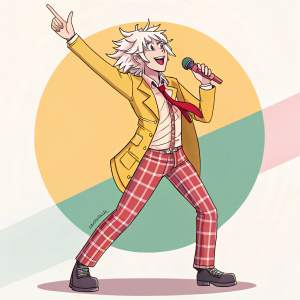 Nagito Komaeda, eccentric character from Danganronpa, digital art. Bright colors, dynamic pose