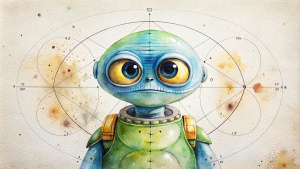 Pixar-style character, color pencil sketch drawing, minimalist line art, on a solid color background, an alien in space with calculations and geometry floating around, emerges against stark white background, thick ink outlines, embodying a simple and clean graphic design aesthetic, ultra fine, high contrast, Watercolor, trending on artstation, sharp focus, studio photo, intricate details, highly detailed, by greg rutkowski