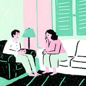 Barry Tubb and Marlo Thomas, candid scene from a 1980s sitcom. Warm lighting, cozy living room setting