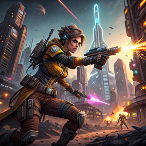 Elpis, a Borderlands character, in intense action scene. Futuristic alien cityscape with glowing lights and advanced tech. Offers for pre-order bonuses.