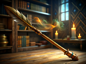 The wand’s handle is made of oak wood, the core is phoenix feather, the length is 29 centimeters, the shape is straight, the color is light brown. The wand belongs to a brave, honest and loyal wizard. The wand is in the Great Hall of Hogwarts, on one of the long tables. Around it, there are other students’ wands, books and food plates. The light comes from the starlight on the ceiling of the hall. The camera is shooting from above the wand, with a vertical angle. The camera distance is close eno