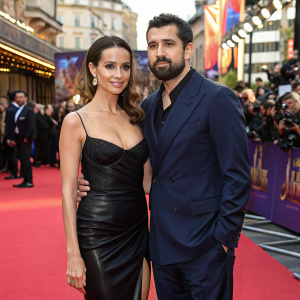 Mandy Grace Capristo and Vittorio Capristo at the premiere of 'Aladdin'. Mandy in a form-fitting black dress, Vittorio in a navy suit. Red carpet event with bustling crowd and paparazzi.
