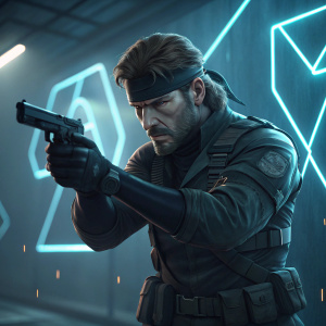 Solid Snake, intense stare, clutching M1911 pistol. Futuristic setting, digital backgrounds with neon lines and abstract shapes.