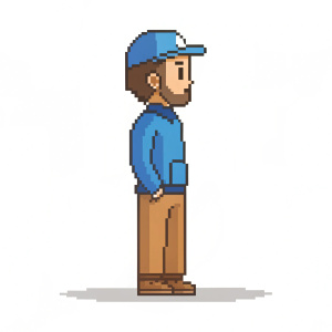 Digital pixel art character, side profile. Blue upper torso, brown lower body. Standing in a relaxed pose, flat colors