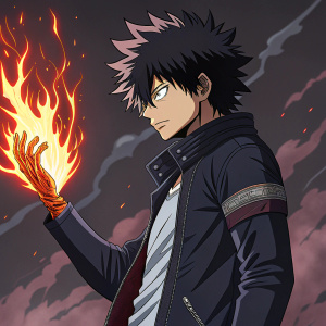 Dabi from My Hero Academia, serious expression, fire effect on hand, promotional artwork