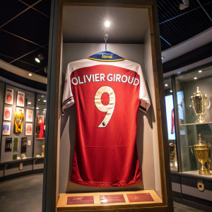 Olivier Giroud's Arsenal jersey displayed in a sports museum exhibit.